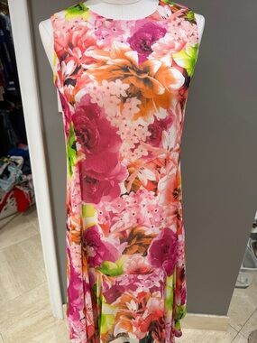 CeCe Bright Floral Sleeveless Dress in Pink, Orange and Green